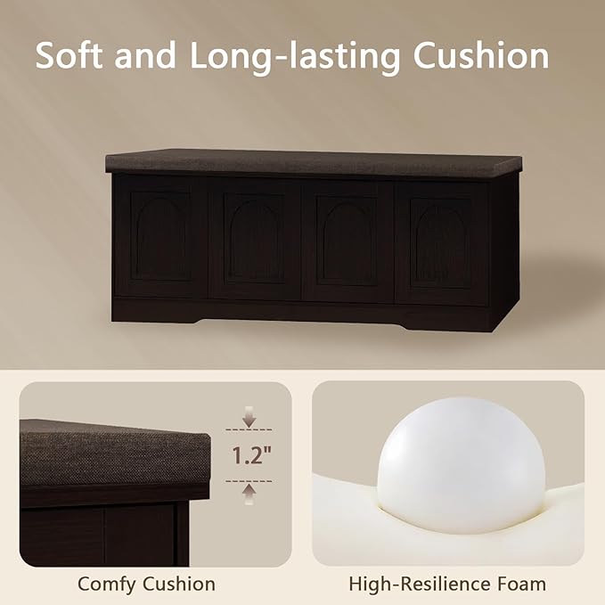 DINZI LVJ Shoe Bench, Entryway Storage Bench with Doors, Cushion, 2-Tier Shoe Rack with 8-Cubby, 47.2”L x 13.8”W Shoe Organizer Cabinet, Adjustable Shelf, Living Room, Bedroom, Espresso-PawvioPets