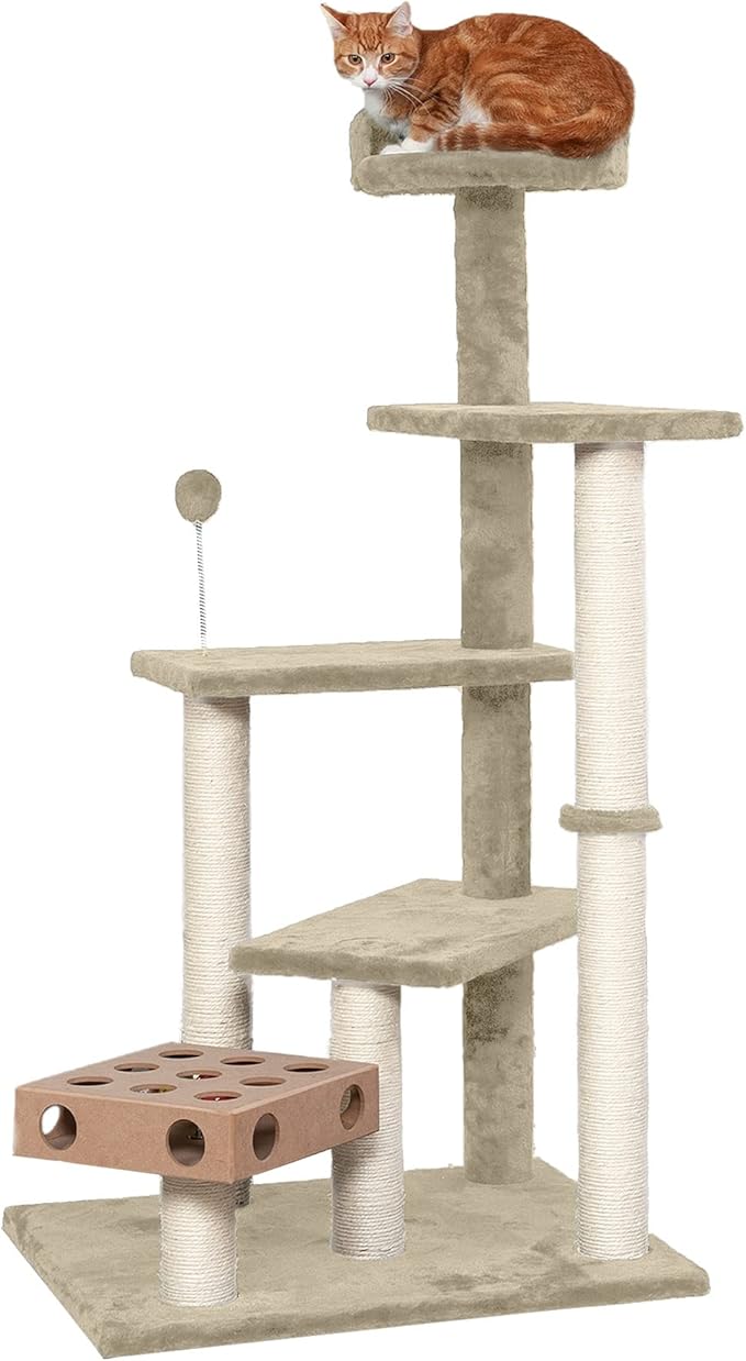 Furhaven 49.5" Tall Cat Tree for Indoor Cats, Ft. Sisal Scratching Posts, Plush Ball Toy, & Busy Box Toy - Tiger Tough Play Stairs Interactive Playground Tower - Cream, One Size-PawvioPets