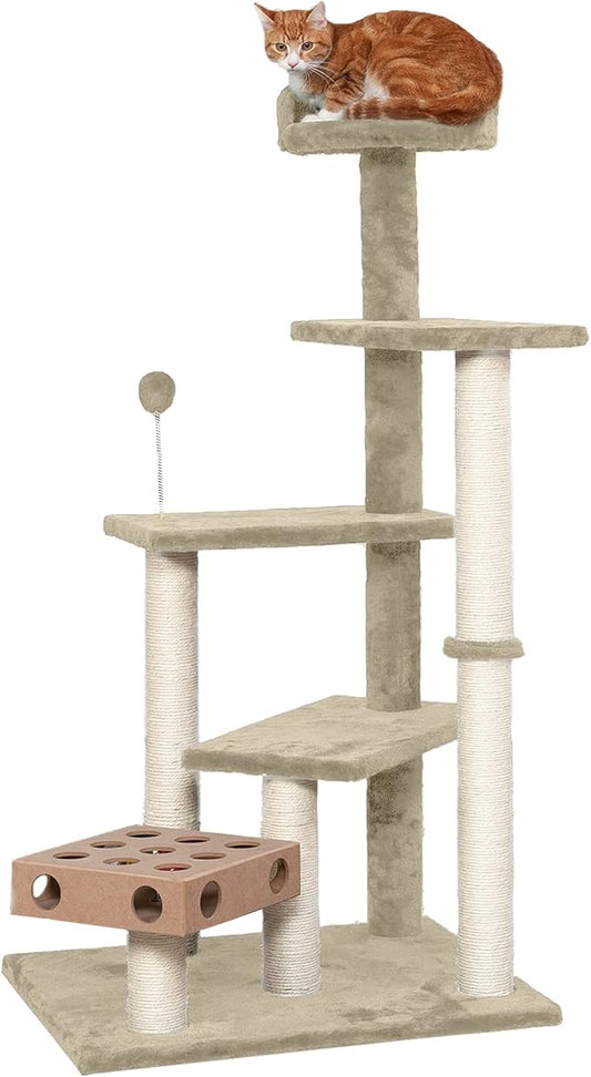 Furhaven 49.5" Tall Cat Tree for Indoor Cats, Ft. Sisal Scratching Posts, Plush Ball Toy, & Busy Box Toy - Tiger Tough Play Stairs Interactive Playground Tower - Cream, One Size-PawvioPets