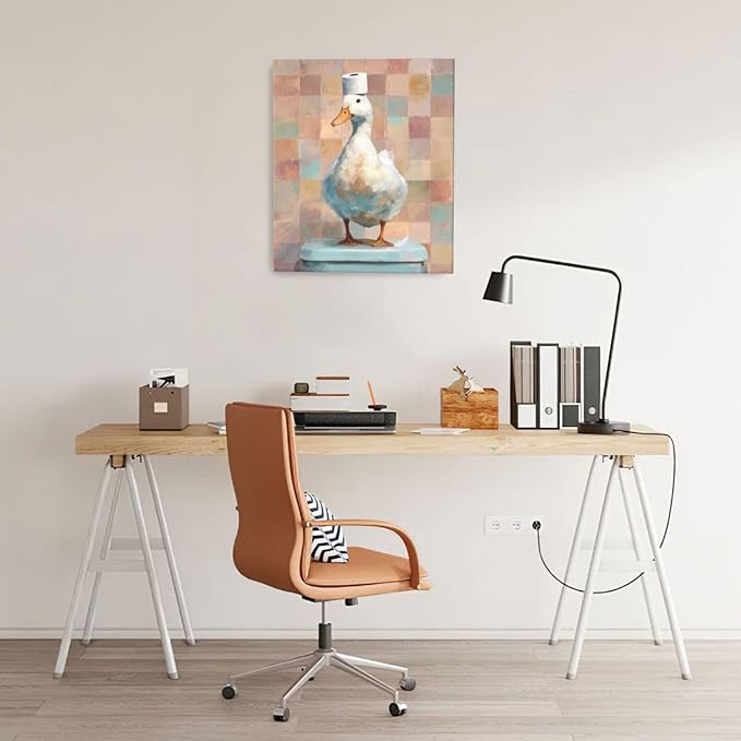 Funny Duck Bathroom Wall Art Cute Duck on Toilet Canvas Wall Decor Funny Quirky Farm Animal Pictures Painting Print Framed Artwork Decorations Gifts for Bathroom 20"x24"-PawvioPets