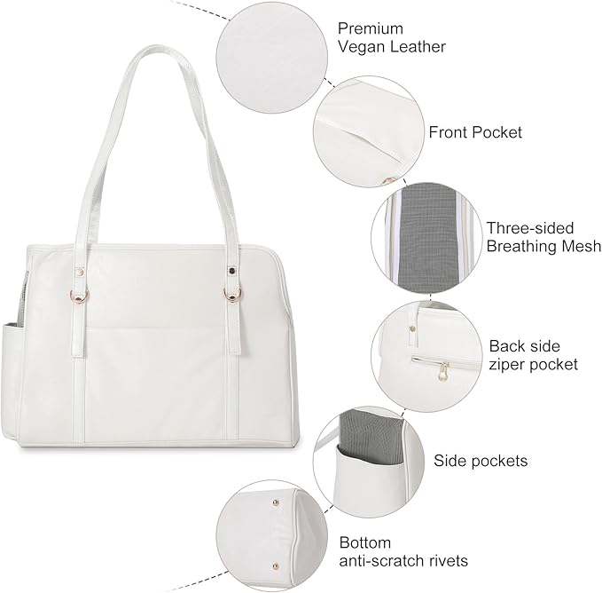 Dog Carrier Purse, Fashion Leather Pet Carrier with Pockets, Airline Approved Soft Sided Dog Carrying Bag for Puppy Cat Dog White-PawvioPets