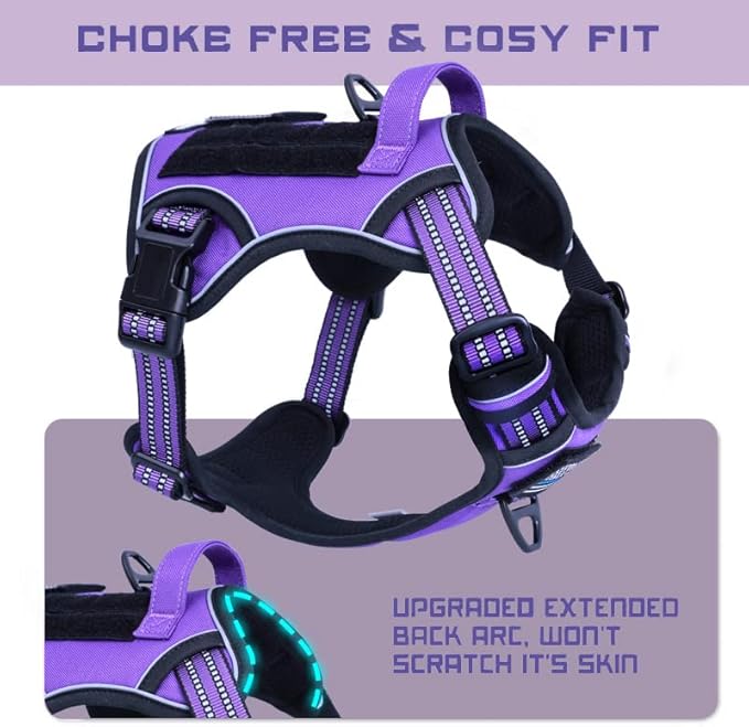 BUMBIN Tactical Dog Harness for Small Dogs No Pull, Famous TIK Tok No Pull Puppy Harness, Fit Smart Reflective Pet Walking Harness for Training, Adjustable Dog Vest Harness with Handle Purple S-PawvioPets