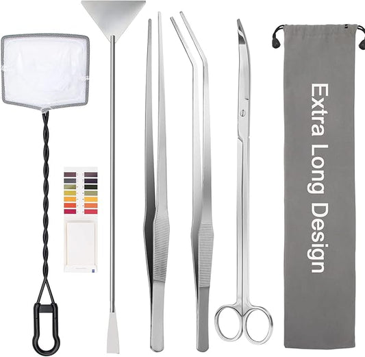 7 in 1 Aquarium Aquascape Tool Kit 15 inch, Aquatic Plant Extra Long Aquascaping Tool for Aquarium Fish Tanks Clean Accessories Set with Silver Tweezer Scissor Spatula, Fish Net, PH Paper, Bag-PawvioPets