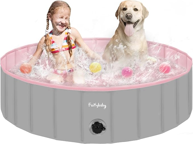 Furrybaby Dog Pool, Kiddie Pool Hard Plastic Foldable Dog Pools for Large Dogs Portable Pet Doggie Wading Swimming (Pink 47'') Indoor and Outdoor-PawvioPets