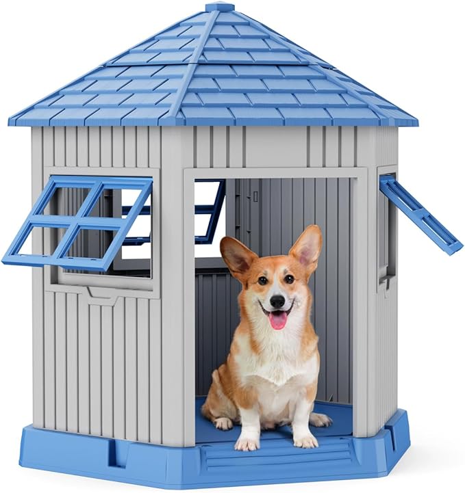 DRATO Dog House Indoor Outdoor Durable Large Dog Shelter with Outside Dog Kennel with Window and Elevated Floor for Small Medium Dogs (Blue, by)-PawvioPets