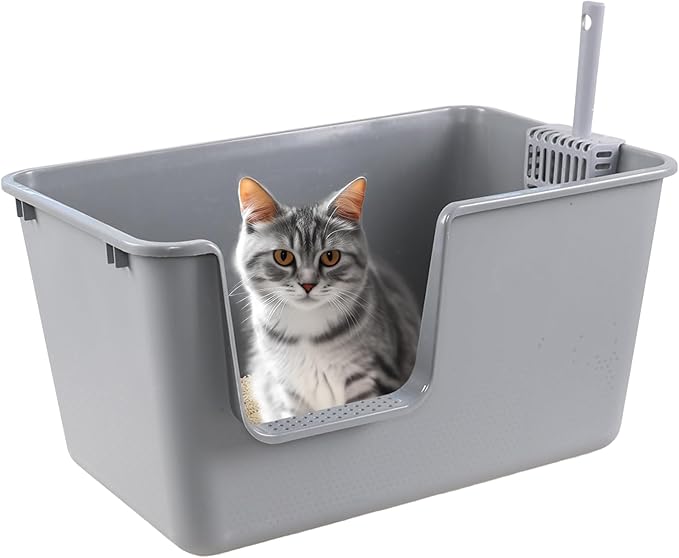 4 Packs Large Cat Litter Box with High Sides, Grey Open Top Cat Litter Basin-PawvioPets