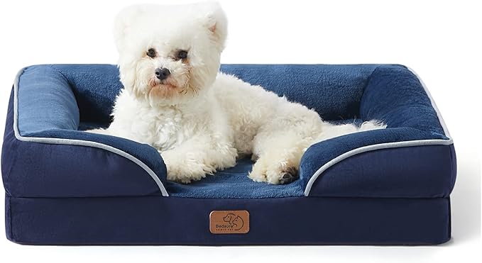 Bedsure Orthopedic Dog Bed Medium Size Dogs - Washable Medium Dog Cat Bed Waterproof, Comfort Pet Couch Sofa with Washable Removable Cover, Pets Bed with Nonskid Bottom, Blue Navy, 28"-PawvioPets