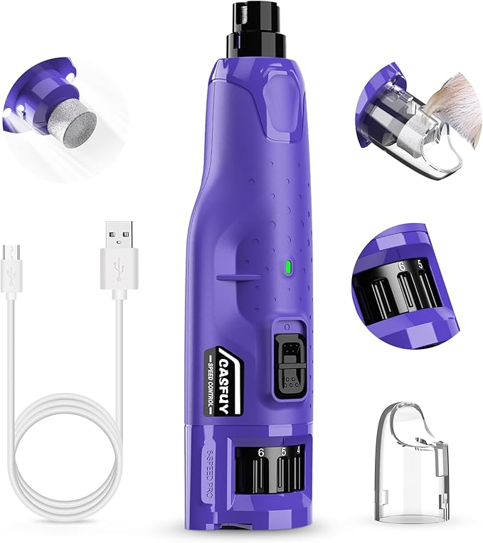 Casfuy Dog Nail Grinder Quiet - (45db) 6-Speed Pet Nail Grinder with 2 LED Lights for Large Medium Small Puppy Dogs/Cats, Professional 3 Ports Rechargeable Electric Dog Nail Trimmer with Dust Cap-PawvioPets