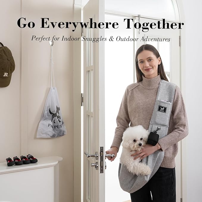 Dog & Cat Carrier Sling, Adjustable Soft Padded Shoulder Puppy Carrier, Hands-Free Dog Carrier Bag with Double Safety Buckles Premium Material for Outdoor Travel (Light Gray, L)-PawvioPets