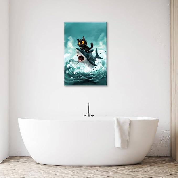 Funny Black Cat Bathroom Wall Art Cute Cat Riding Shark Canvas Wall Decor Animal Kitten Pictures Painting Print Artwork Framed Decorations Gifts for Cat Lover Kids Room Bedroom 16"x24"-PawvioPets
