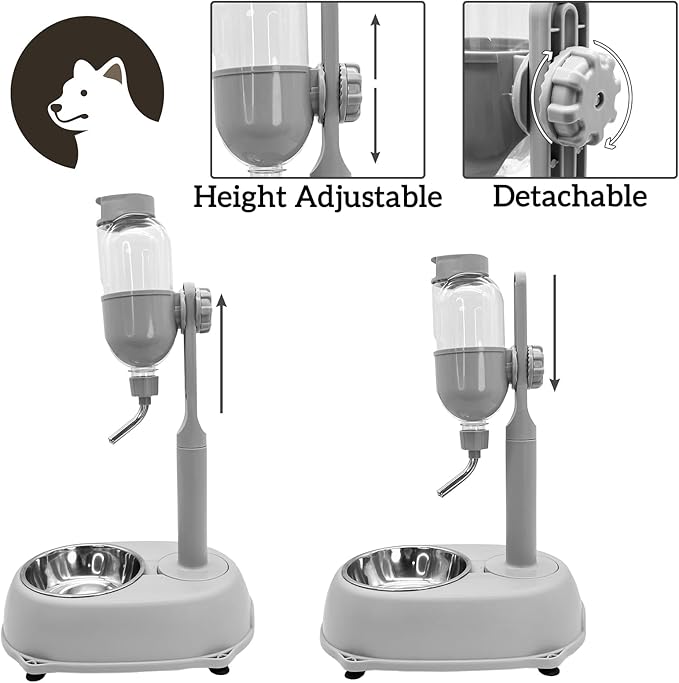 Fhiny Dog Water Feeder Bottle with Stand, Dispenser Automatic Water Food Bowl for Cage Leak-Proof No-Drip Adjustable Raised Pet Slow Water Bottle Dog Kennel Durable Drinker Container-PawvioPets