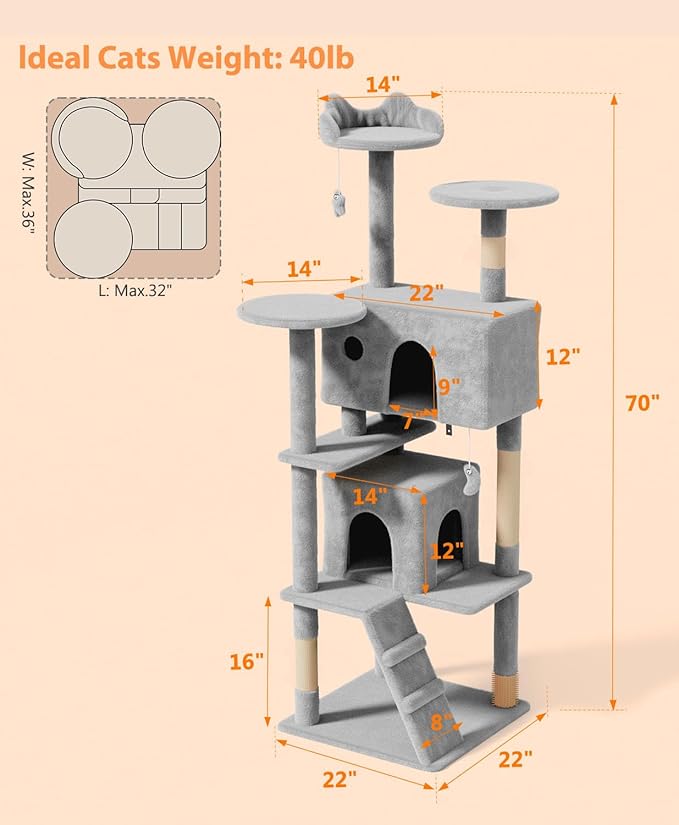 70'' Cat tree Tower for Indoor Cats Large Adult,Cute/Tall Modern Cat Tree for Big Cats 20 lbs,Plush Multi-Level Cat Condo with Scratching Posts,Dangling Ball for fun play(Light Gray, 70 inch)-PawvioPets