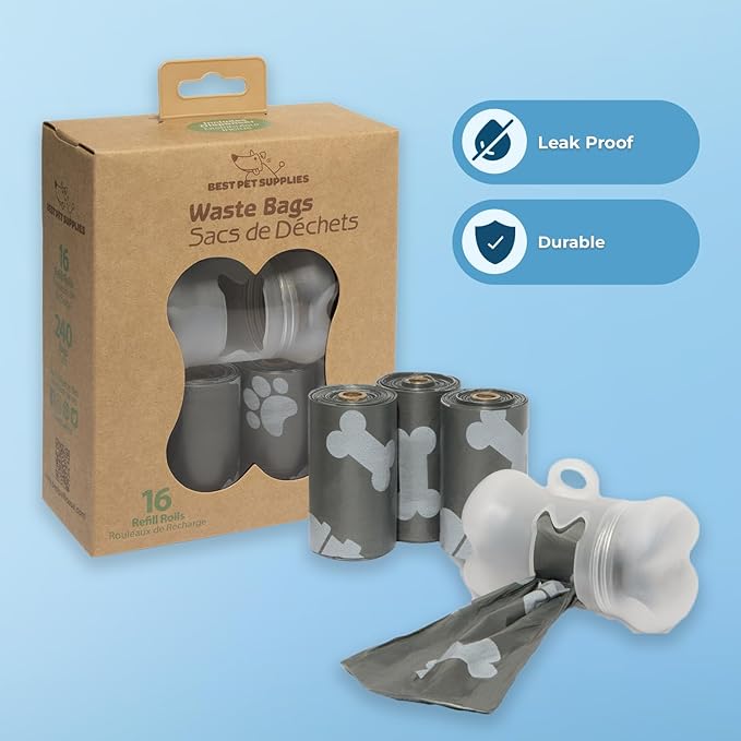 Best Pet Supplies Dog Poop Bags (240 Bags) for Waste Refuse Cleanup, Doggy Roll Replacements for Outdoor Puppy Walking and Travel, Leak Proof and Tear Resistant, Thick Plastic - Gray-PawvioPets