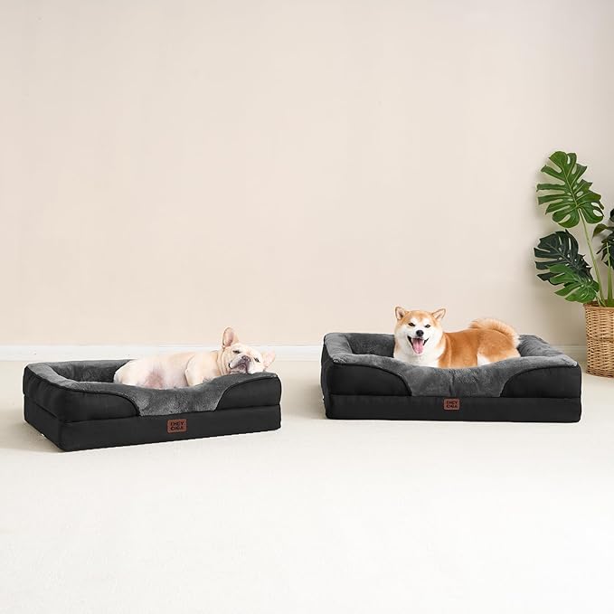 EHEYCIGA Memory Foam Dog Bed for Medium Size, Orthopedic Dog Sofa with Sides and Waterproof Liner, Washable Bolster Pet Couch with Removable Cover, 35x22x6.5 Inch, Grey/Black-PawvioPets