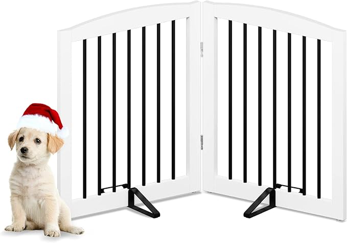 Freestanding Pet Gate for Dogs, Foldable Wooden Dog Gate for House, Indoor Pet Barrier for Stairs, Doorways, Support Feet Included, 24" Height 2 Panels, White-PawvioPets