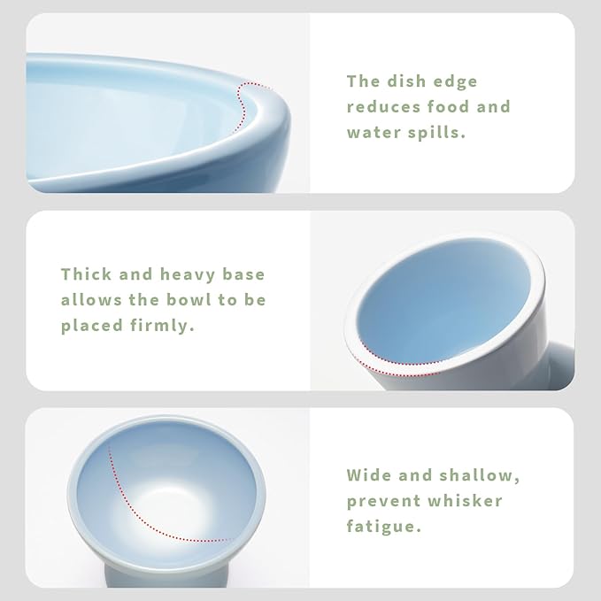 Extra Wide Elevated Ceramic Cat Bowl, 6.2" Shallow Dish for Whisker Fatigue Relief, 5" Height for Easy Feeding, Durable Raised Cat Food Bowls, Pack of 2, Blue-PawvioPets