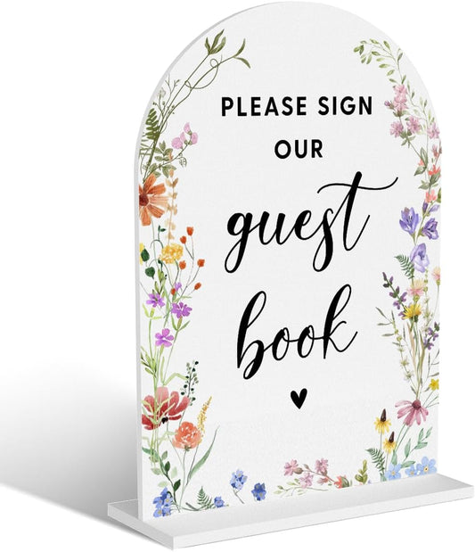 Acrylic Wedding Signs, Bridal Shower Decorations, Modern Arched Round Top Acrylic Table Top Sign with Holder for Wedding Reception Party Dinner - Please Sign Our Guestbook (White Wildflowers)
