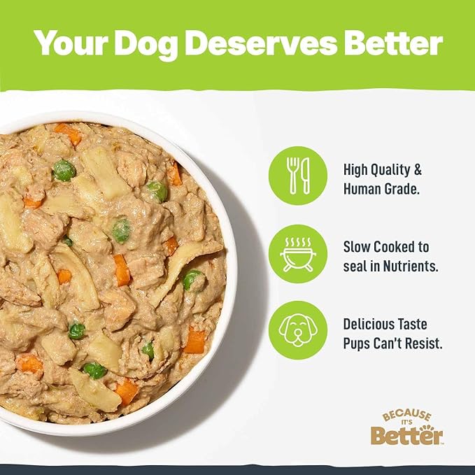 Because it's Better Entrée Complete Meal, Chicken & Pasta Recipe, Human Grade Wet Dog Food, 10 oz Pouches, 6 Count-PawvioPets