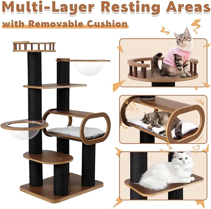 63'' Modern Cat Tree, Black Cat Tower with Scratching Post, Wooden Cat Tree for Indoor Cats Large Adult, Luxury Cat Furniture, Heavy Duty Activity Center with Transparent Bowl and Semi-Closed Condo-PawvioPets