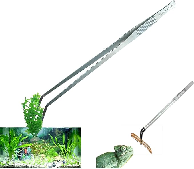 2 Pack Extra Long Tweezers, Fecsam Feeding Tongs, 18.9 inch & 10.5 inch Curved Aquarium Stainless Steel Large Aquascape Tools for Fish Tank, Terrarium，Aquascaping, Reptile, Bearded Dragon-PawvioPets