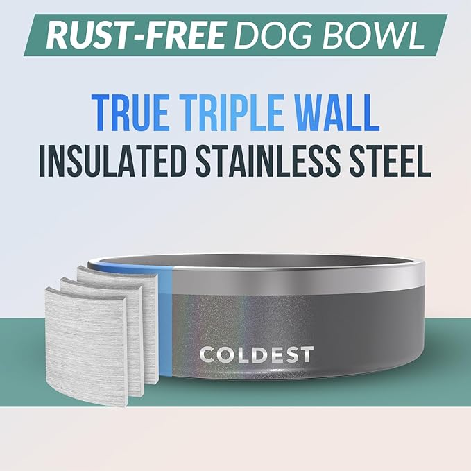 Coldest Dog Bowl - Anti Rust Metal, Non Slip, 3 Layers Insulated Stainless Steel Dog Bowls - Spill Proof & Heavy Duty - Water Bowl for Dogs, Cats & Pets, Dish Washer Safe (42 oz, Stardust Glitter)-PawvioPets