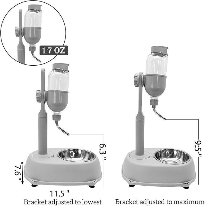 Fhiny Dog Water Feeder Bottle with Stand, Dispenser Automatic Water Food Bowl for Cage Leak-Proof No-Drip Adjustable Raised Pet Slow Water Bottle Dog Kennel Durable Drinker Container-PawvioPets