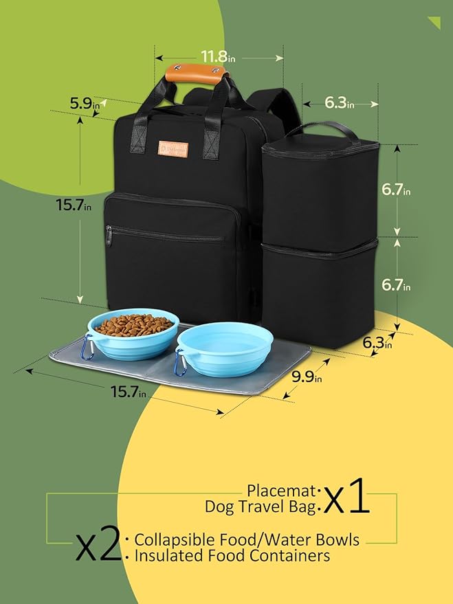 Dog Travel Bag, 25L Airline Approved Dog Travel Backpack for Pet Travel Accessories with 2 Food Storage Containers, 2 Foldable Bowls for Short Trips, Black-PawvioPets
