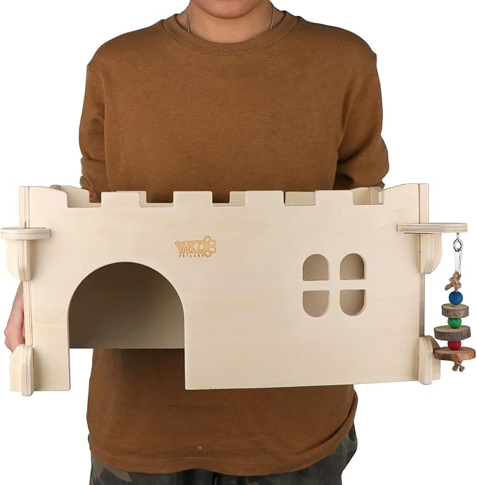 Castle Chinchilla House - Small Animal Hideout for Chinchilla Guinea Pig Hedgehog, or Rat - Ventilated Wooden Guinea Pig Hut Habitat with Multiple Doors (Large)-PawvioPets