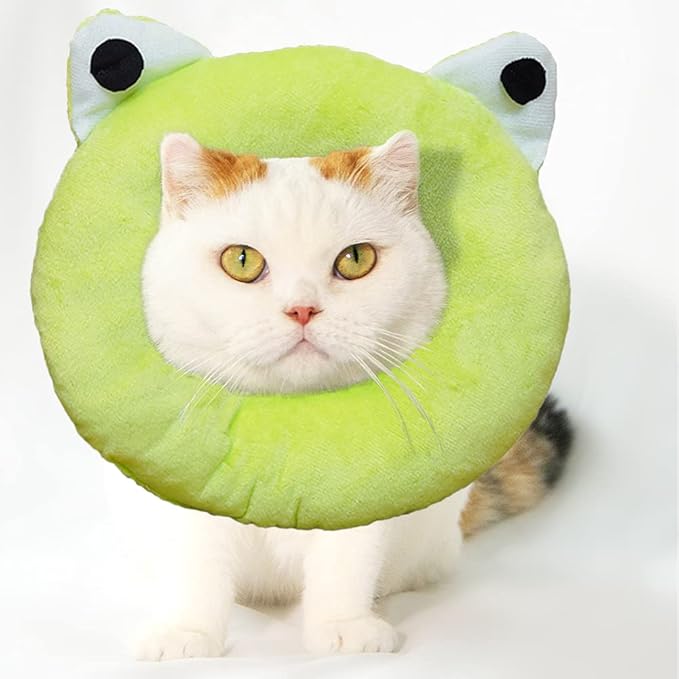 Adjustable Cat Recovery Collar Soft,Cute Pet E-Collar Neck Cone After Surgery Wound Healing Protective Cone Fit for Kitties, Small Dogs(ELC05-frog-m)-PawvioPets