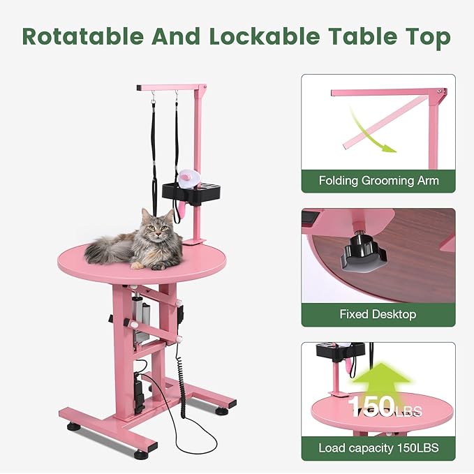 Electric Hydraulic Lift Pet Dog Grooming Table, 24Inch Grooming Desktop for Small Dogs, with Overhead Arm, Wireless Remote, Tool Organizer, Pink-PawvioPets