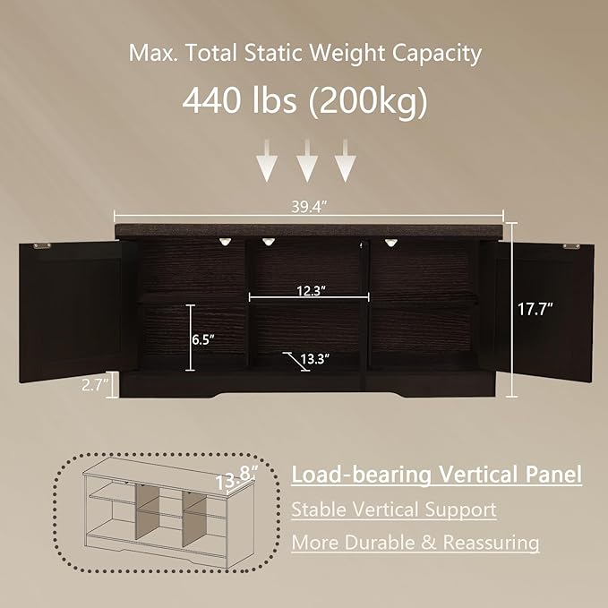 DINZI LVJ Shoe Bench, Entryway Storage Bench with Doors, Cushion, 2-Tier Shoe Rack with 6-Cubby, 39.4”L x 13.8”W Shoe Organizer Cabinet, Adjustable Shelf, Living Room, Bedroom, Espresso with Rattan-PawvioPets