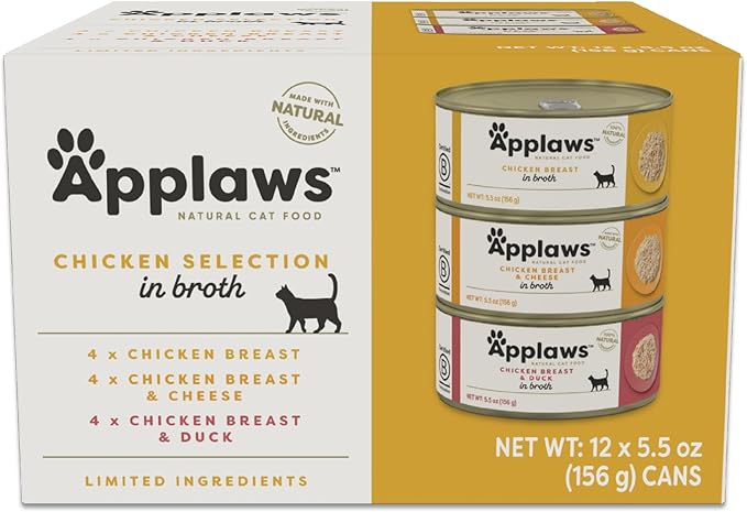 Applaws Natural Wet Cat Food in Broth, Made with Limited and Natural Ingredients, Chicken Selection Variety Pack in Broth (12 x 5.5oz Cans)-PawvioPets