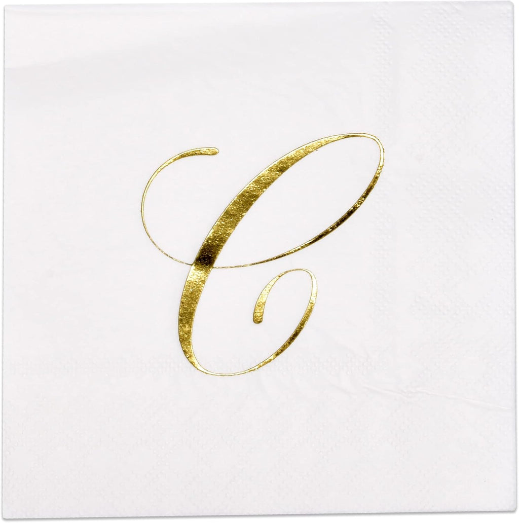 Gift Boutique 100 Gold Monogram Cocktail Napkins Letter C Disposable Paper Pack Elegant Metallic Golden Foil Beverage Napkin for Wedding Holiday Tea Party Bridal & Baby Shower Decorative Napkin