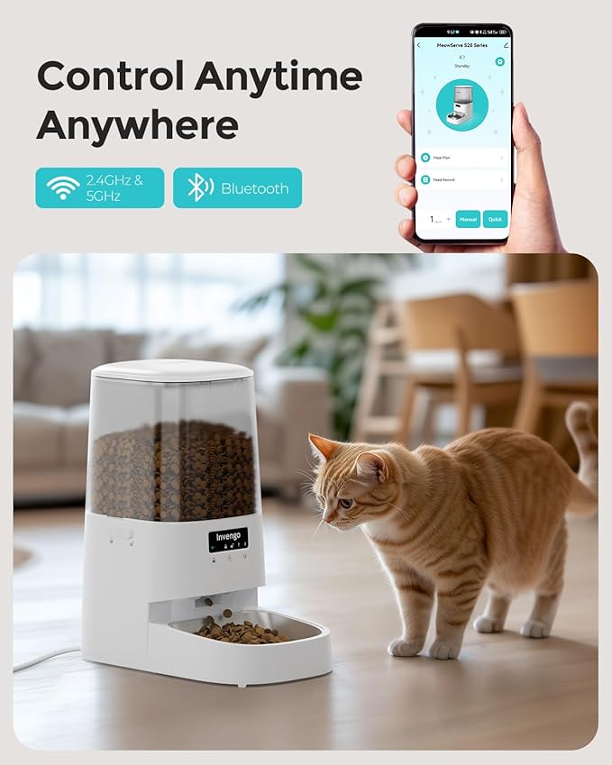 Cat Feeder Automatic - Cat Food Dispenser MeowServe S20, Auto Dog Feeder with Stainless Steel Bowl, 5L Pet Feeder with Patented Anti-Jam Port, App, Dual Lock Lid, Dual-Band WiFi & Power, White-PawvioPets