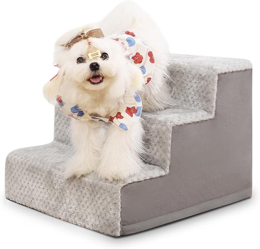 Dog Stairs for Small Dogs,13" H,3-Step Dog Steps for High Bed,Couch,Pet Stairs for Dogs and Cats Climbing with Non-Slip Bottom and Washable Cover,Light Grey-PawvioPets