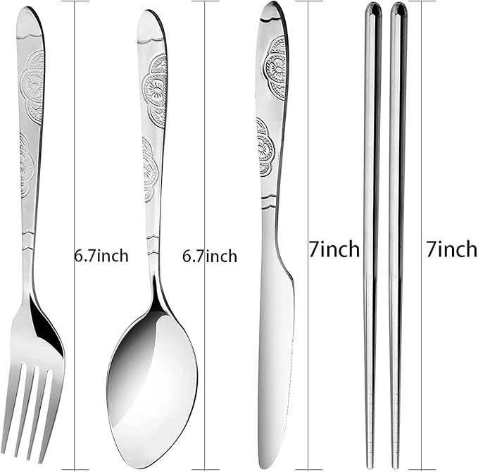 6 Pack Reusable Flatware Sets Knife, Fork, Spoon, Chopsticks, 24Pcs Portable Travel Stainless Steel Tableware Dinnerware with Carrying Case-PawvioPets