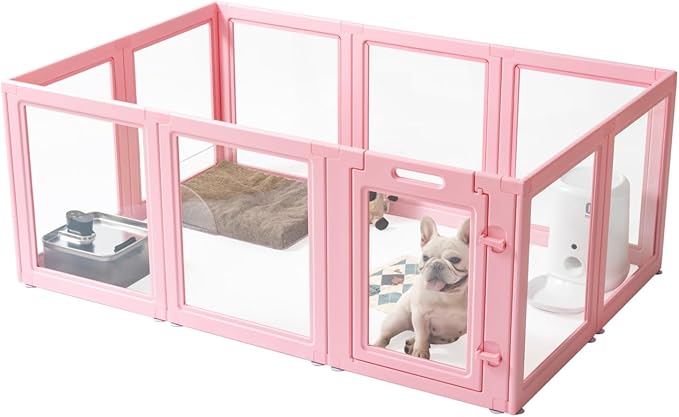 DIY Clear Acrylic Dog Playpen House,Quick Easy Assembly and Disassembly,Strong Floor Suction,Indoor and Outdoor Use,Easy Cleansing Puppy Fence (Sakura Pink, 23.6" H, 12PCS)-PawvioPets