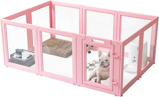 DIY Clear Acrylic Dog Playpen House,Quick Easy Assembly and Disassembly,Strong Floor Suction,Indoor and Outdoor Use,Easy Cleansing Puppy Fence (Sakura Pink, 23.6" H, 10PCS)-PawvioPets