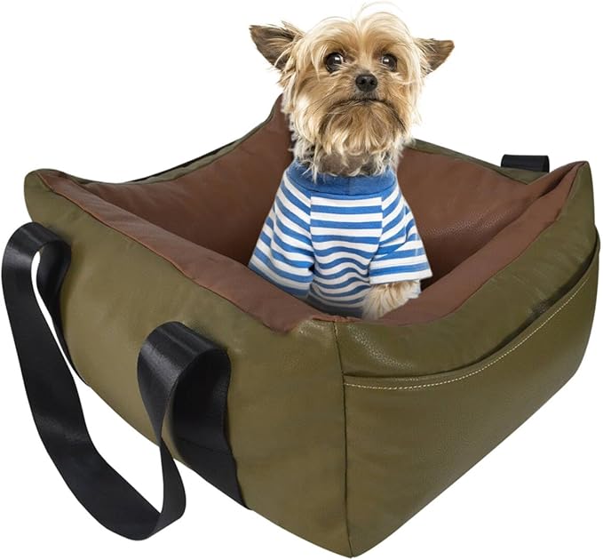 Dog Car Seat for Small Dogs, Large Leather Dog Car Bed with Storage Pocket, Waterproof PVC Leather Booster Seat Travel Bed for Front & Back Seat, Clip-On Safety Leash (Green/Brown)-PawvioPets