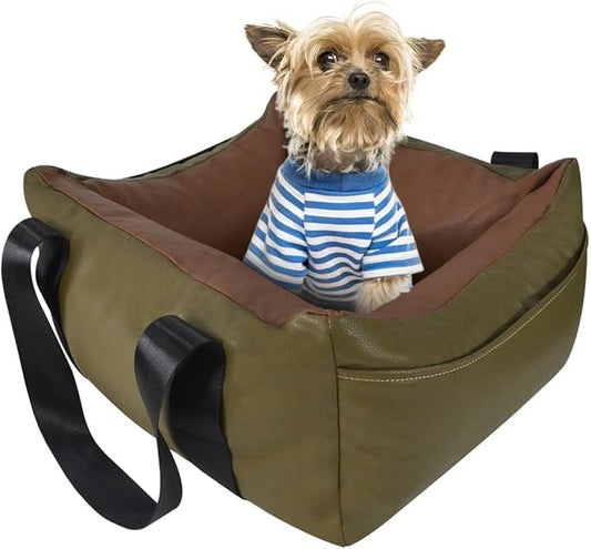 Dog Car Seat for Small Dogs, Large Leather Dog Car Bed with Storage Pocket, Waterproof PVC Leather Booster Seat Travel Bed for Front & Back Seat, Clip-On Safety Leash (Green/Brown)-PawvioPets