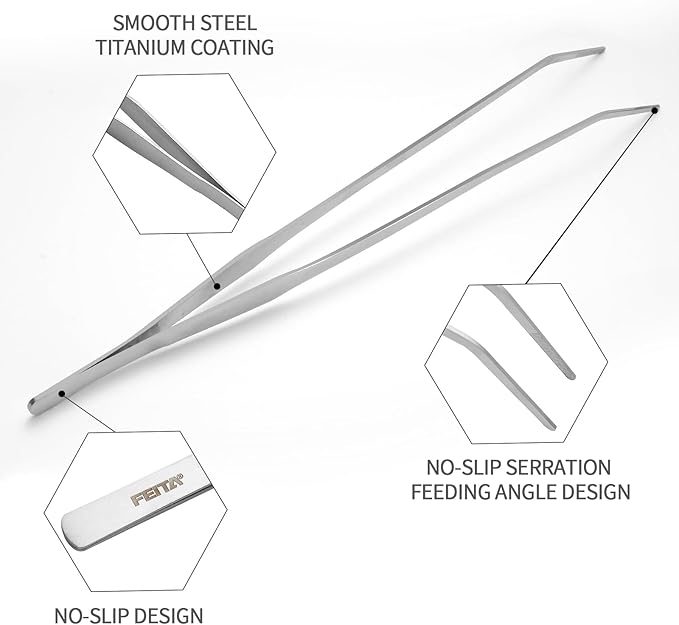Aquarium Tweezers Extra Long 15 inches Feed Tong clamps - FEITA Straight and Curved Stainless Steel 38cm Tweezers Set for Fish Tank Plants Aquascape Tools & Reptile Feeding Tongs - Sliver 2Pcs-PawvioPets