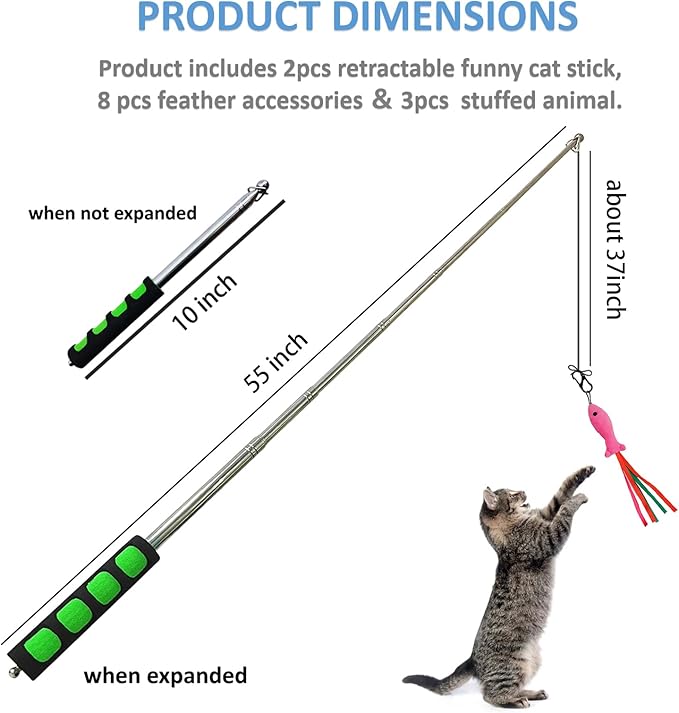 2pcs Retractable Wand Toys, Cat Fishing Rod with 11 Pcs Feather Refills for Indoor & Outdoor Cats-PawvioPets