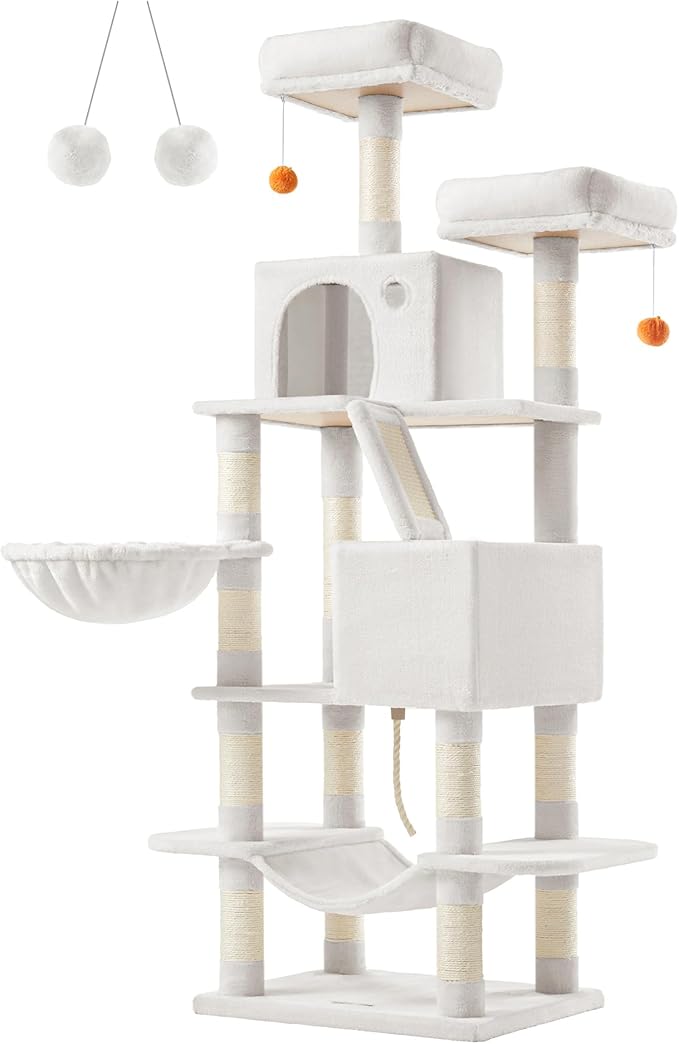 Feandrea Cat Tree, 66.1-Inch Large Cat Tower with 13 Scratching Posts, 2 Perches, 2 Caves, Basket, Hammock, Pompoms, Multi-Level Plush Cat Condo for Indoor Cats, Cream White UPCT165T01-PawvioPets