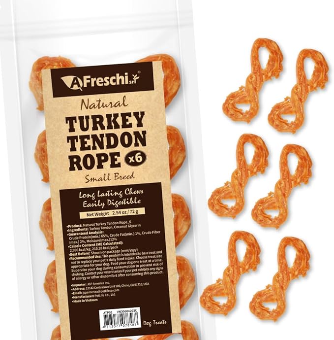 Afreschi Turkey Tendon Rope (S) 6 Pieces per Pack, USA-Sourced Turkey Tendon, All Natural Human Grade Puppy Chew, Hypoallergenic, Rawhide Alternative, Dog Treats for Small Breeds-PawvioPets