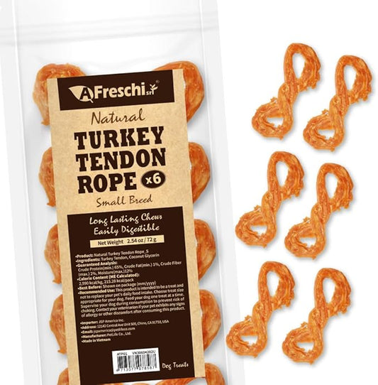 Afreschi Turkey Tendon Rope (S) 6 Pieces per Pack, USA-Sourced Turkey Tendon, All Natural Human Grade Puppy Chew, Hypoallergenic, Rawhide Alternative, Dog Treats for Small Breeds-PawvioPets