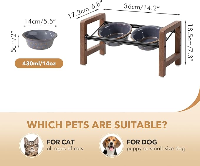 5.5inch Ceramic Adjustable Raised Double Bowls Set with Stand, 3 Heights Elevated, 2 Placement Options, Food and Water Dishes for Puppy, Cats（Double Bowls+Stand, Reactived Glaze -Grey-PawvioPets