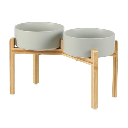 Ceramic Raised Double Bowls Set with Stand, Food & Water Bowls for Large Breed Dogs, Weighted Dog Dishes, Pet Bowl(8.2'',60OZ, Grey)-PawvioPets
