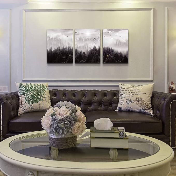 Framed Canvas Art - Boho Wall Decor Set of 3: Foggy Forest Trees Scenery for Living Room, Bedroom, Office, Farmhouse, Home Decoration-PawvioPets