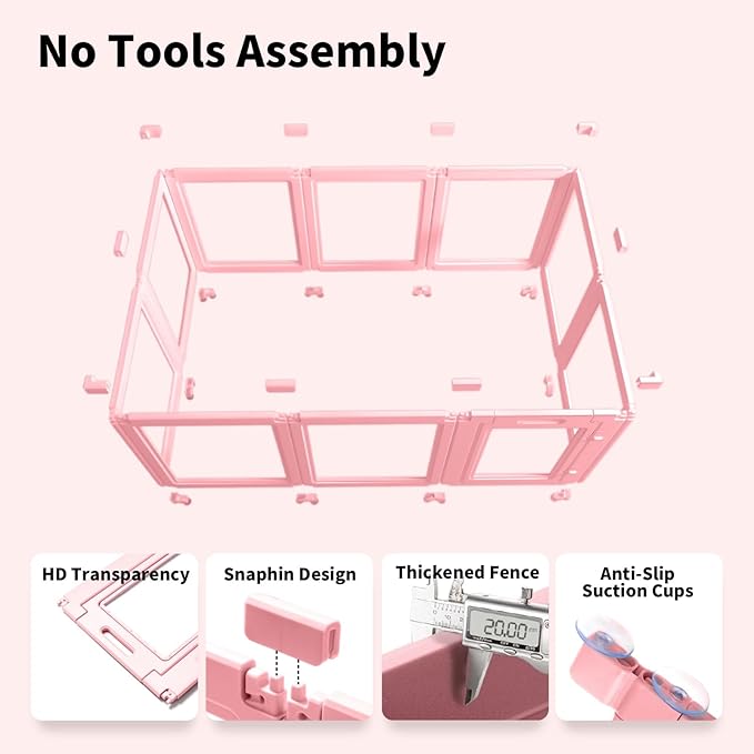DIY Clear Acrylic Dog Playpen House,Quick Easy Assembly and Disassembly,Strong Floor Suction,Indoor and Outdoor Use,Easy Cleansing Puppy Fence (Sakura Pink, 23.6" H, 12PCS)-PawvioPets