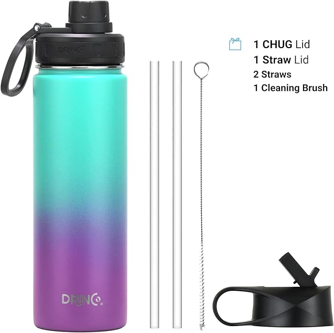 DRINCO Stainless Steel Water Bottle Spout Lid Vacuum Insulated Double Wall Water Bottle Wide Mouth (40oz 32oz 22oz 18oz 14oz) Leak Proof Keeps Cold or Hot (22 oz, 22oz Ombre Fuschia Teal)-PawvioPets